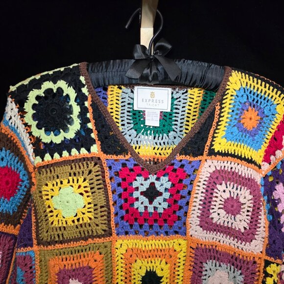 Vintage 90s Express Tricot Granny Square Crochet Sweater L - Picture 2 of 9